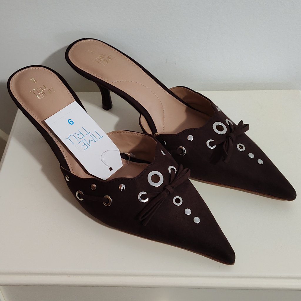 Time And Tru Brown Faux Suede Mules With Kitten Heels, Nwts, Size 9